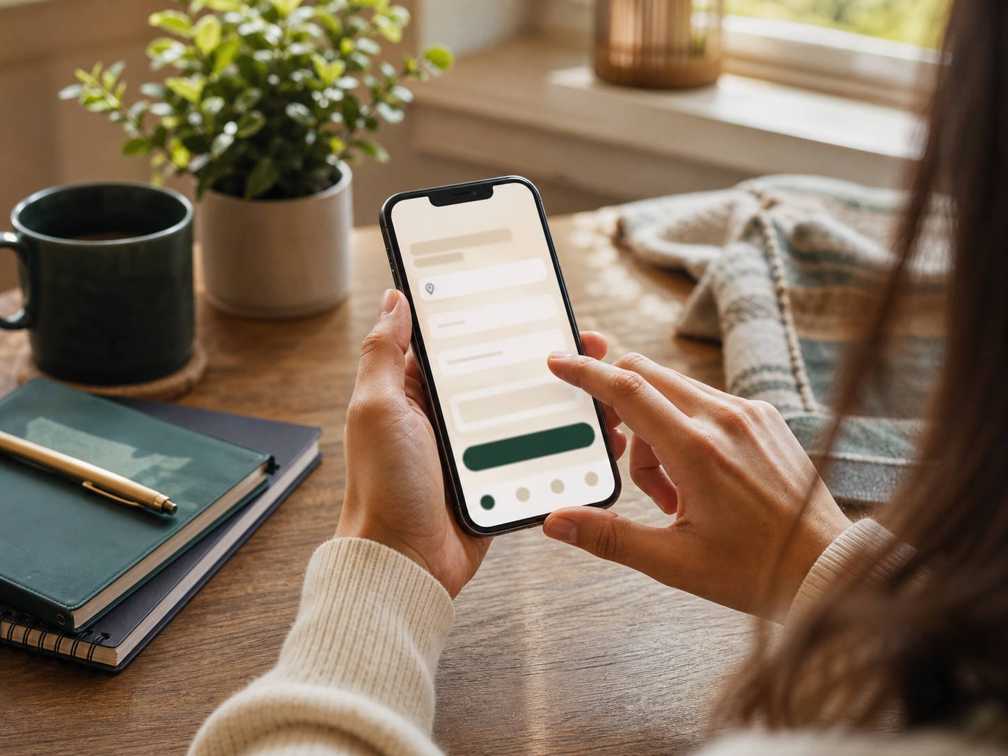 Buyer writing a local marketplace request on a phone